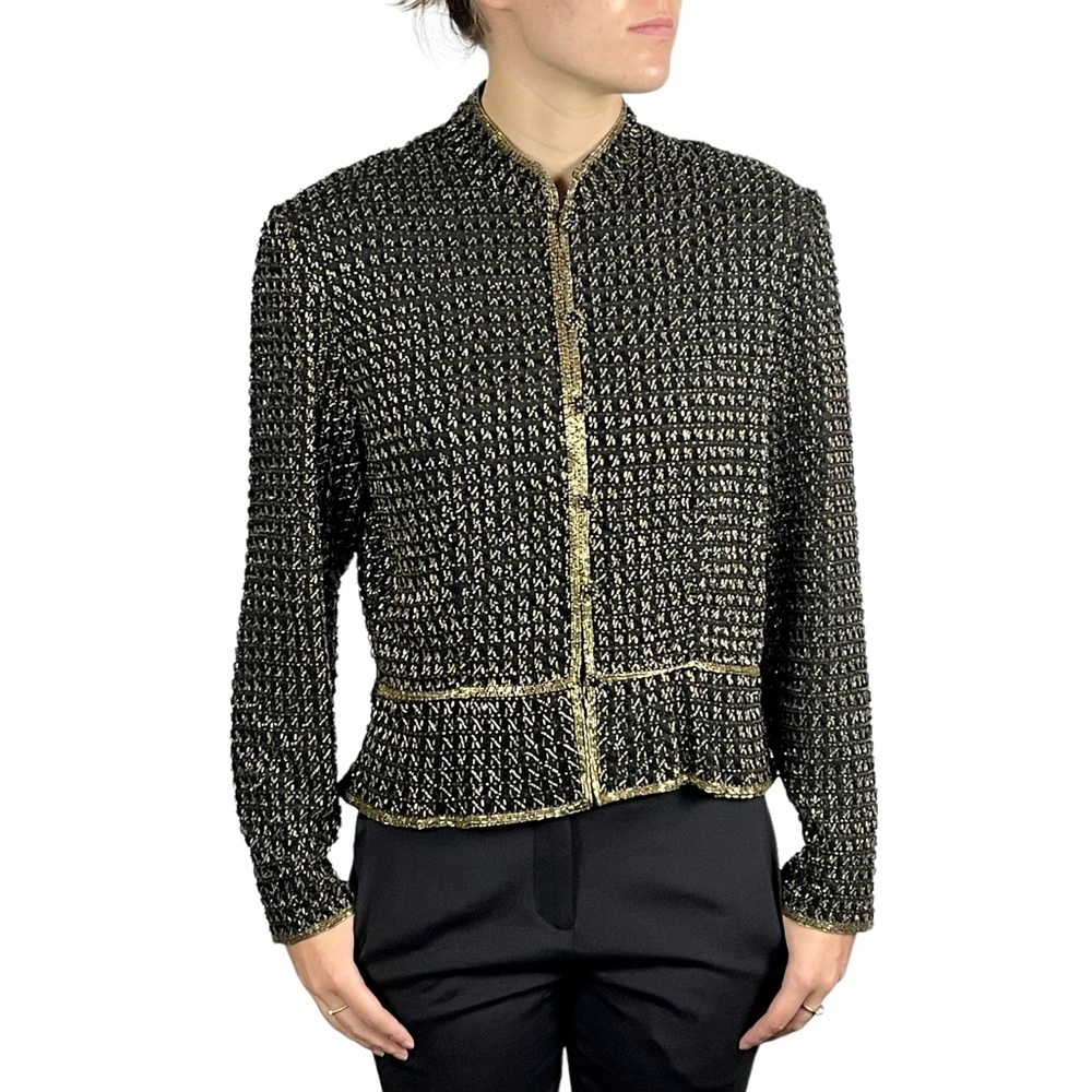 J KARA VINTAGE SILK BEAD EMBELLISHED TWEED PEPLUM BUTTON HOLIDAY EVENING JACKET